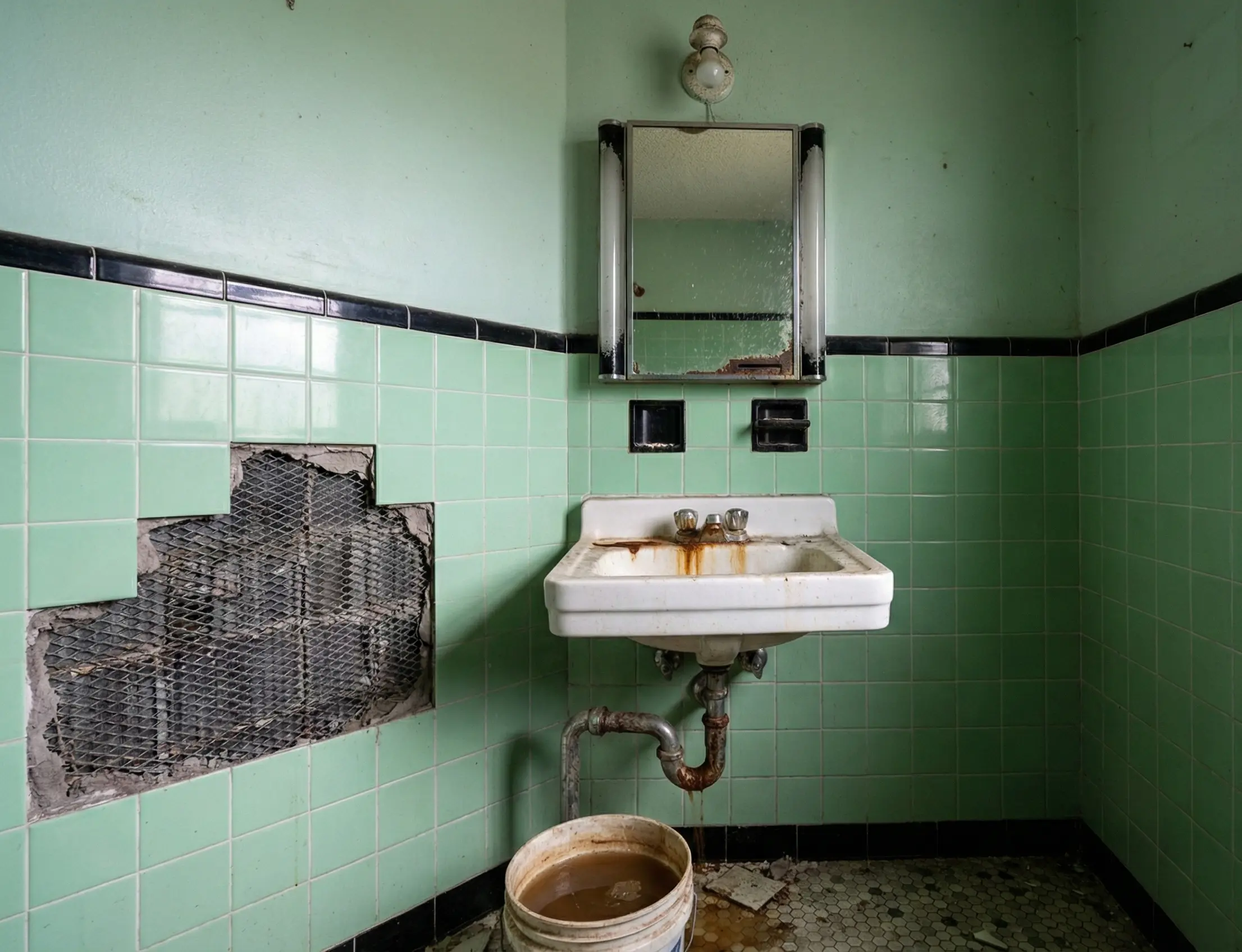 Old green tile bathroom with hole